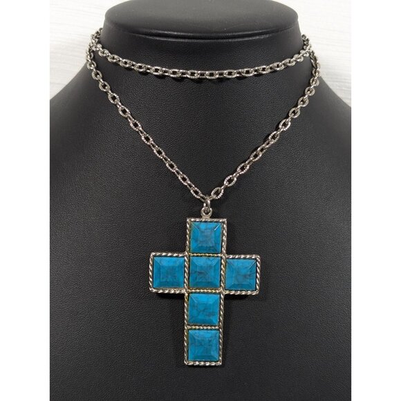 Estate Jewelry - Vintage Blue Faux Turquoise Cross Pendant Necklace 24 in